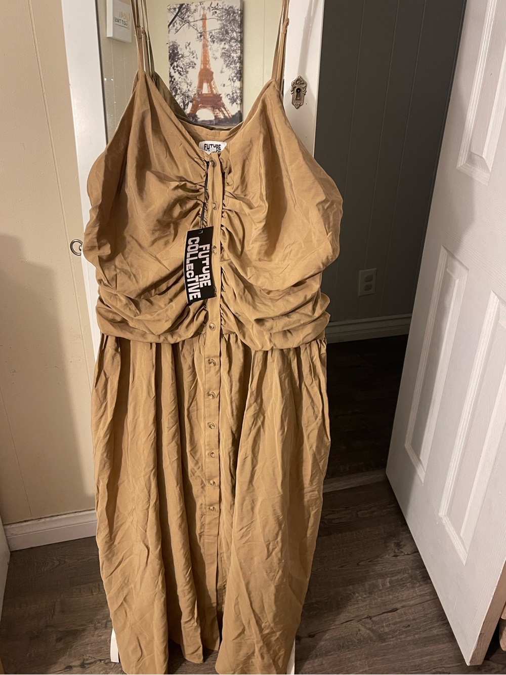 The Future Collective Ruched Maxi Dress in Tan